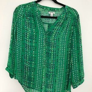 Green Blouse with White and Blue Spots